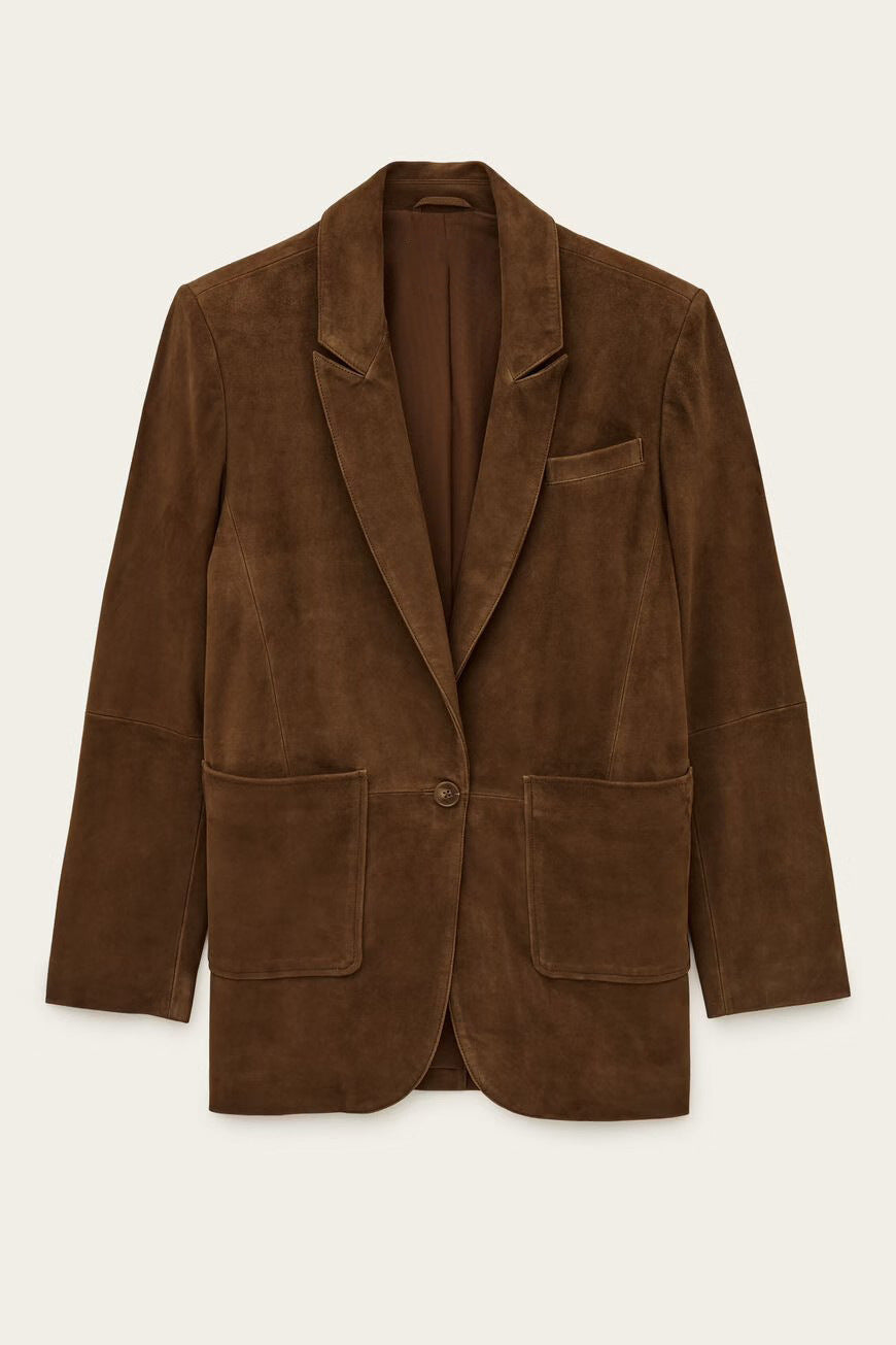 Brown suede blazer with notched lapels, chest welt pocket, and two front patch pockets