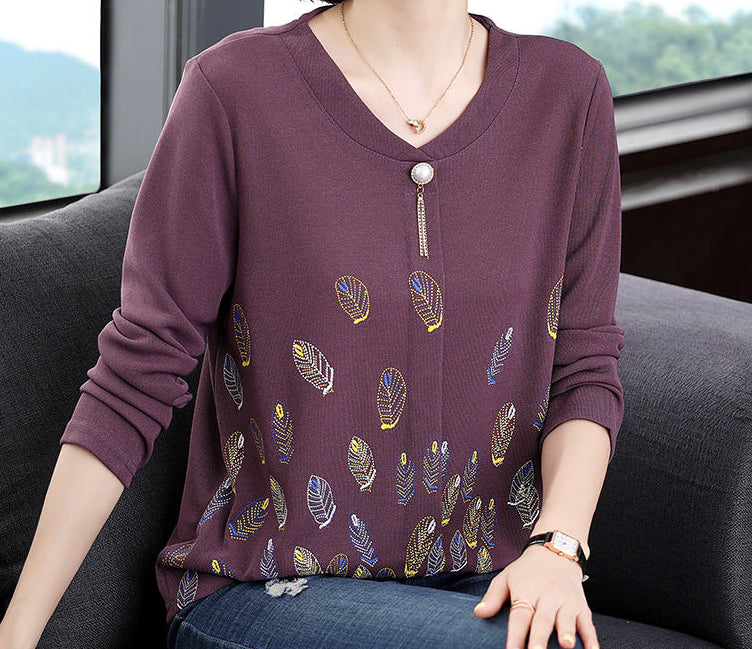 Long Sleeve Top for Women — Loose V Neck Style with Feather Print in Soft Cotton
