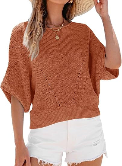 Brown women’s knit pullover sweater with round neck and short batwing sleeves