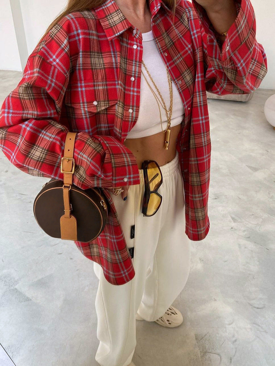 Red Plaid Flannel Shirt for Women — Oversized Button Front Layering Shirt