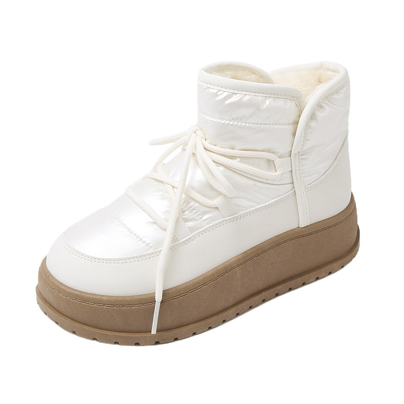 White high-top lace-up winter boots with fleece lining and tan rubber outsole