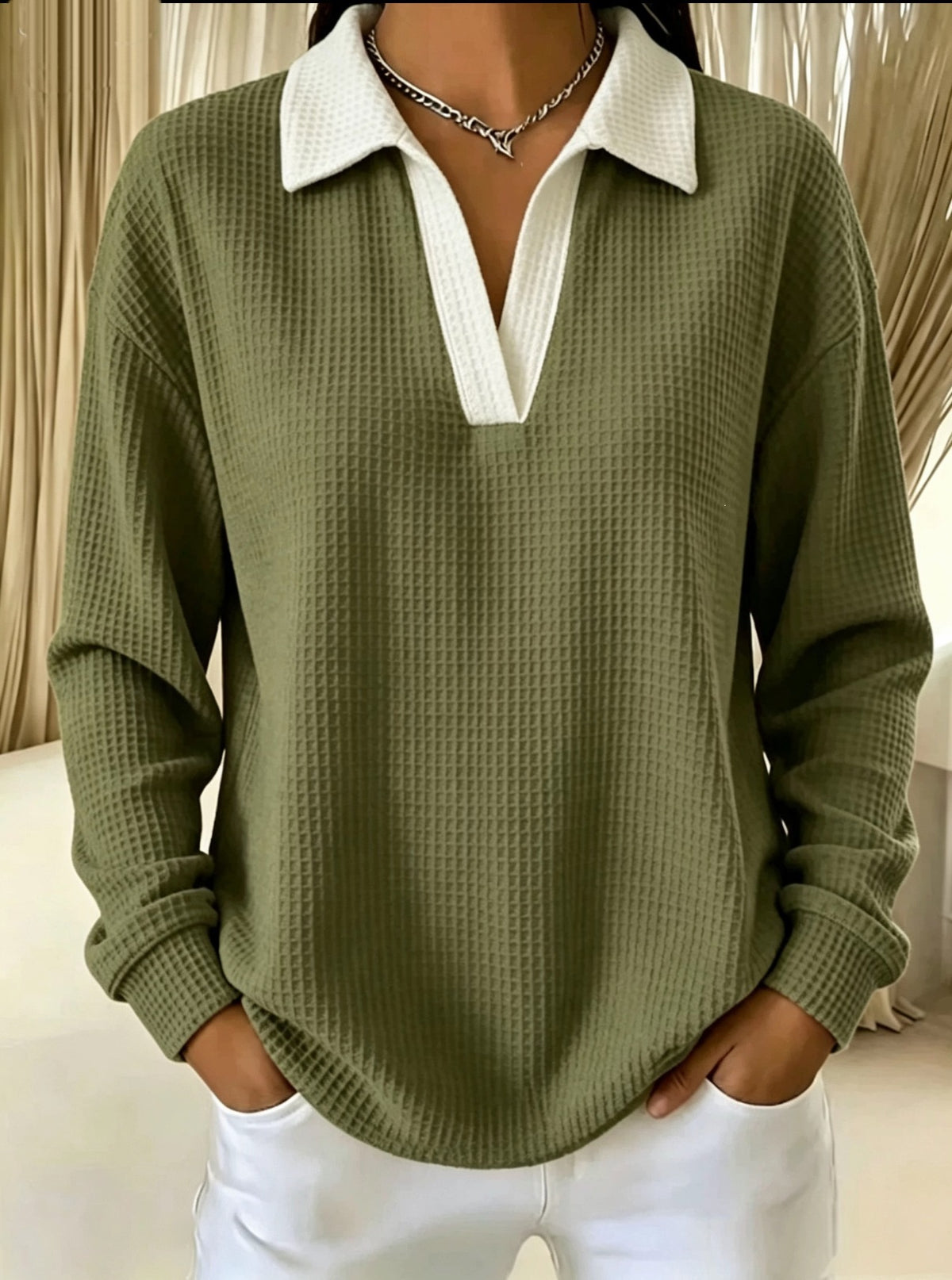 Olive green waffle-knit V-neck long-sleeve polo shirt with white contrast collar and placket