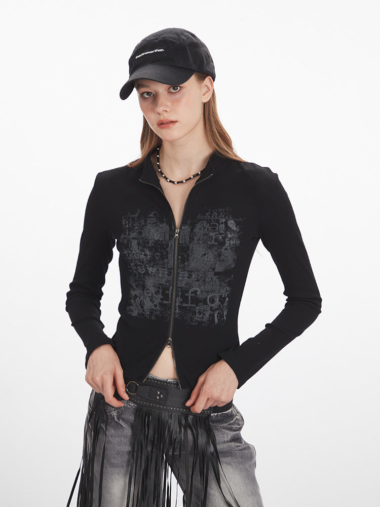 Women's black slim stand-collar zip-up long-sleeve top with abstract chest print