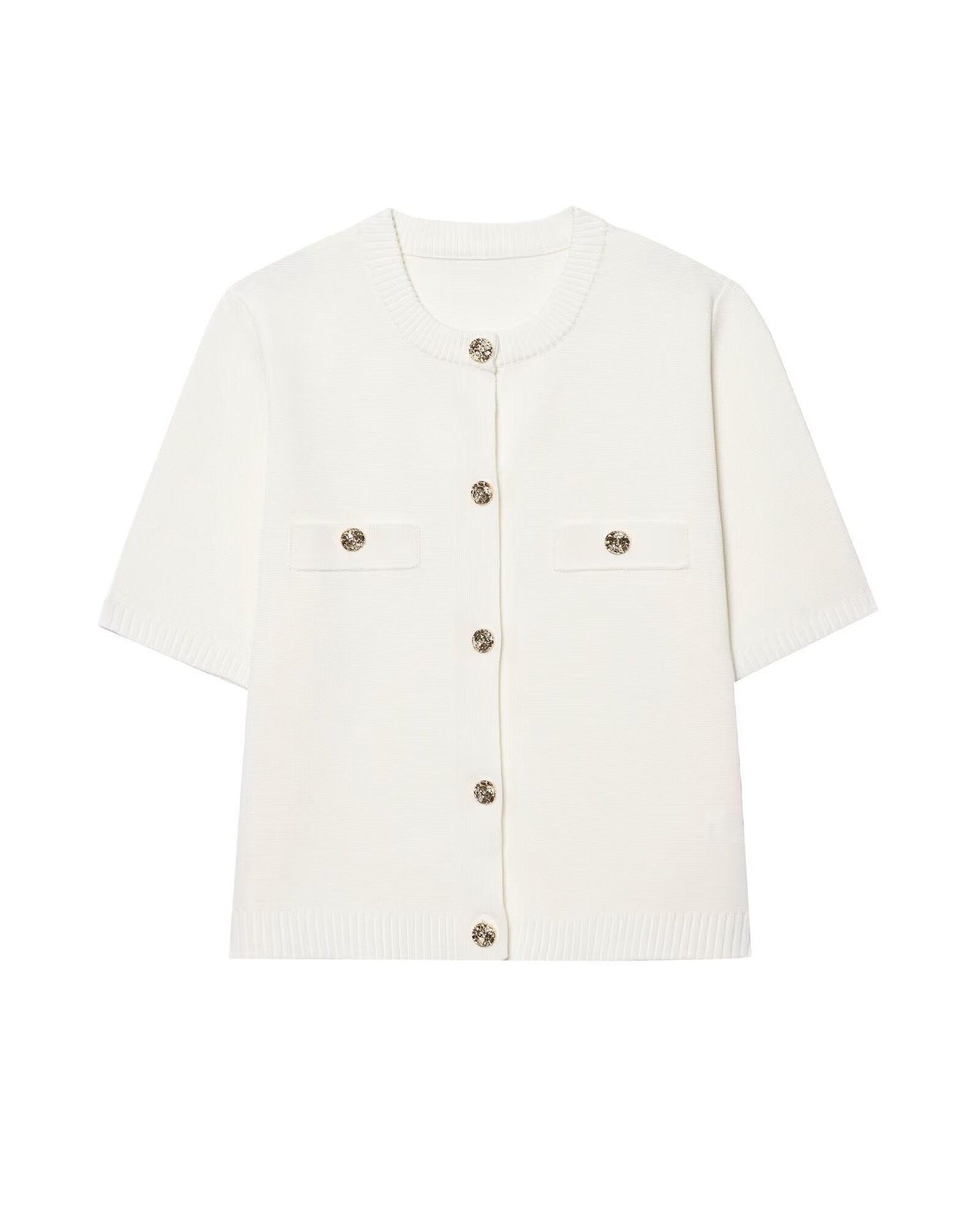 Short Sleeve Cardigan Sweater for Women — Gold Button Front Knit with Chest Pockets in Viscose