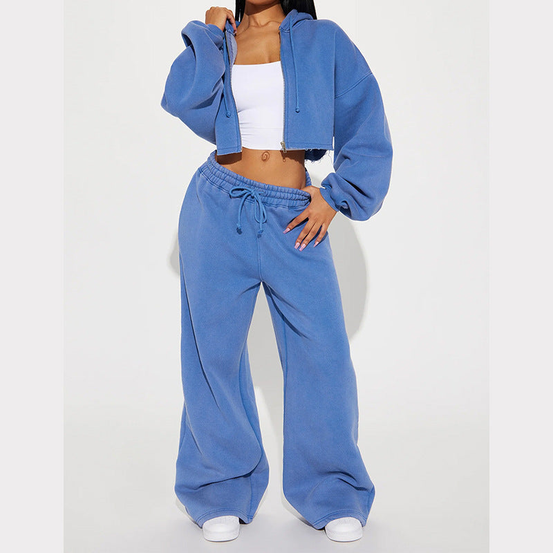 Women’s blue zip-front cropped hoodie and drawstring sweatpants set