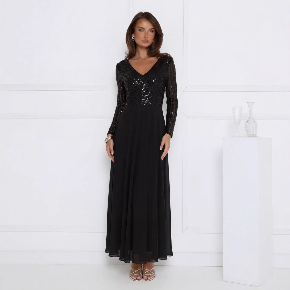 Black sequined V-neck long-sleeve sheer mesh maxi dress, fitted silhouette