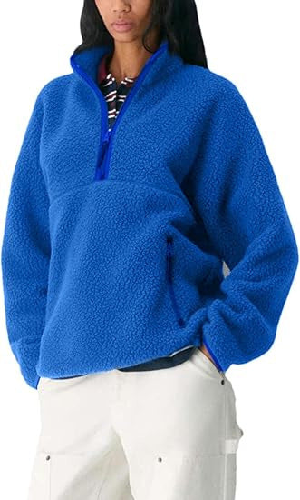 Women's fleece quarter-zip pullover, royal blue, long sleeves, half-zip front