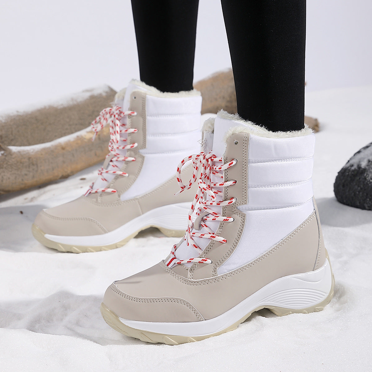 Snow Boots for Women — Fleece Lined Lace Up Ankle Boots with Lug Sole in Quilted Nylon