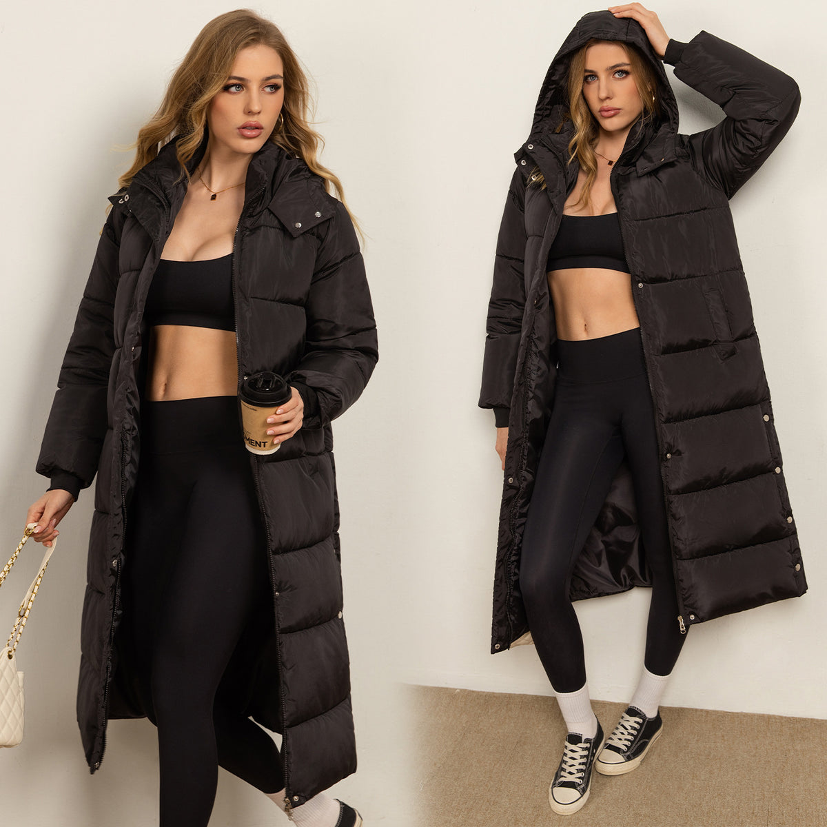 Women's black long padded coat with hood, button front and side pockets, quilted panels