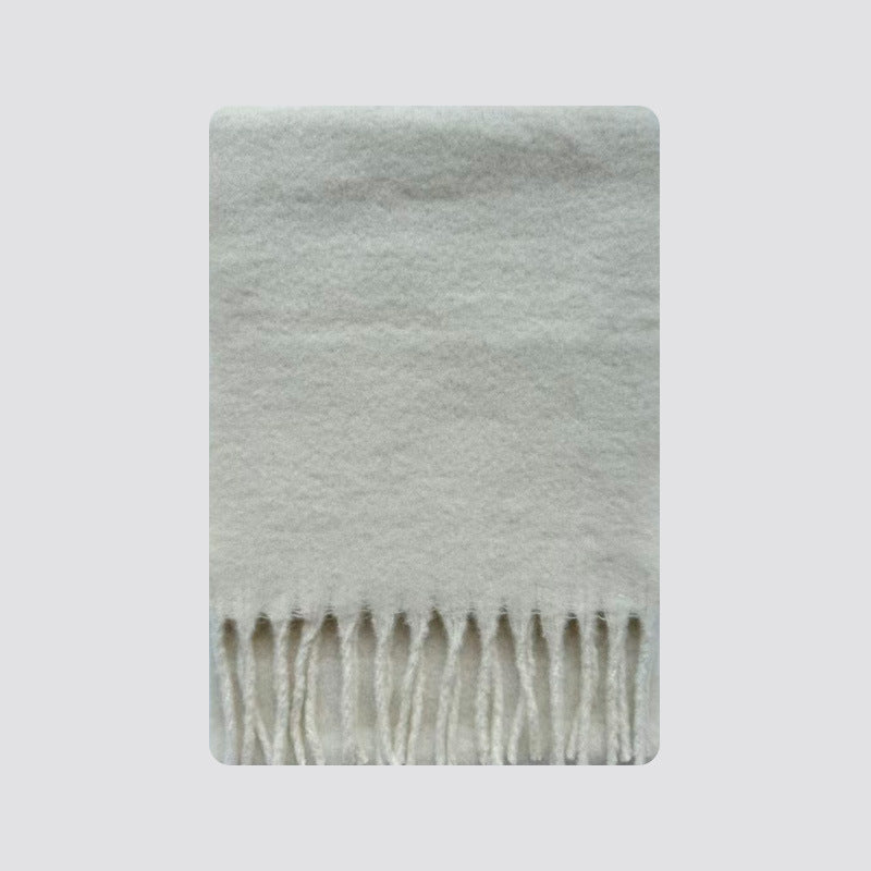 Wool-blend tassel scarf, off-white, fuzzy knit with long fringe trim