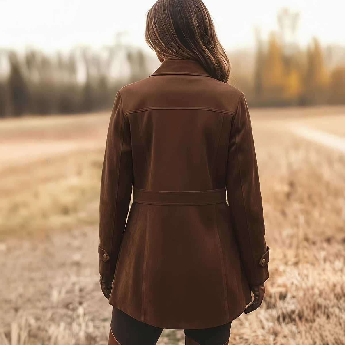 Dark brown retro jacket back view with collar and belt-like back strap
