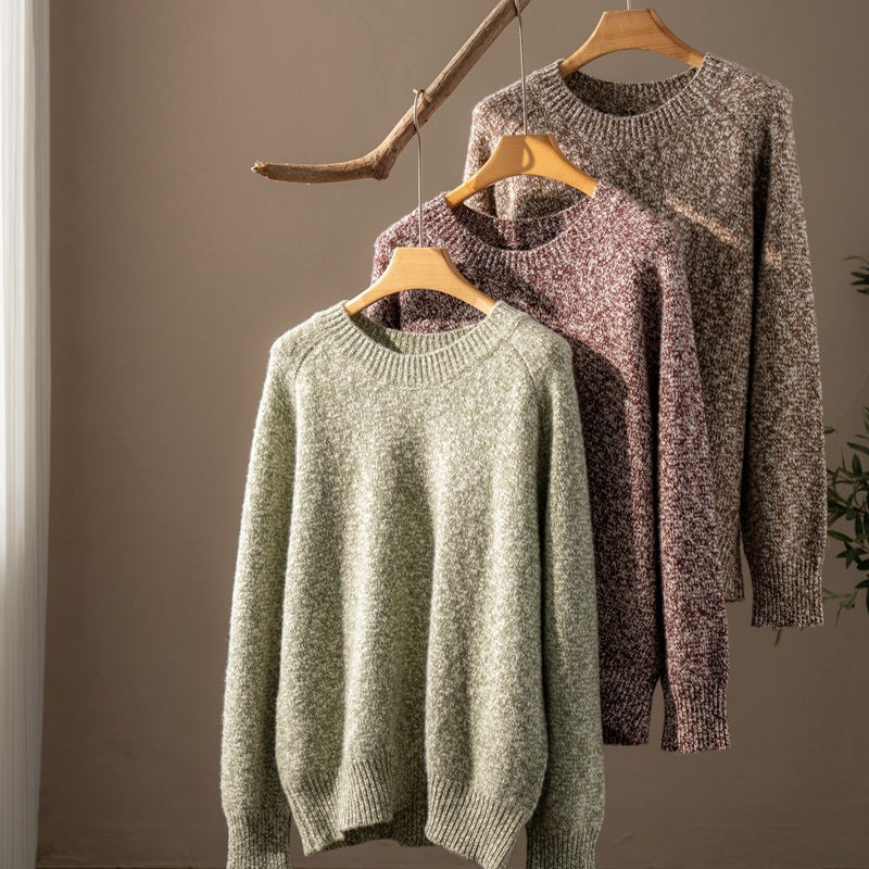 Women’s marled knit pullover sweaters on hangers, round neck, long raglan sleeves