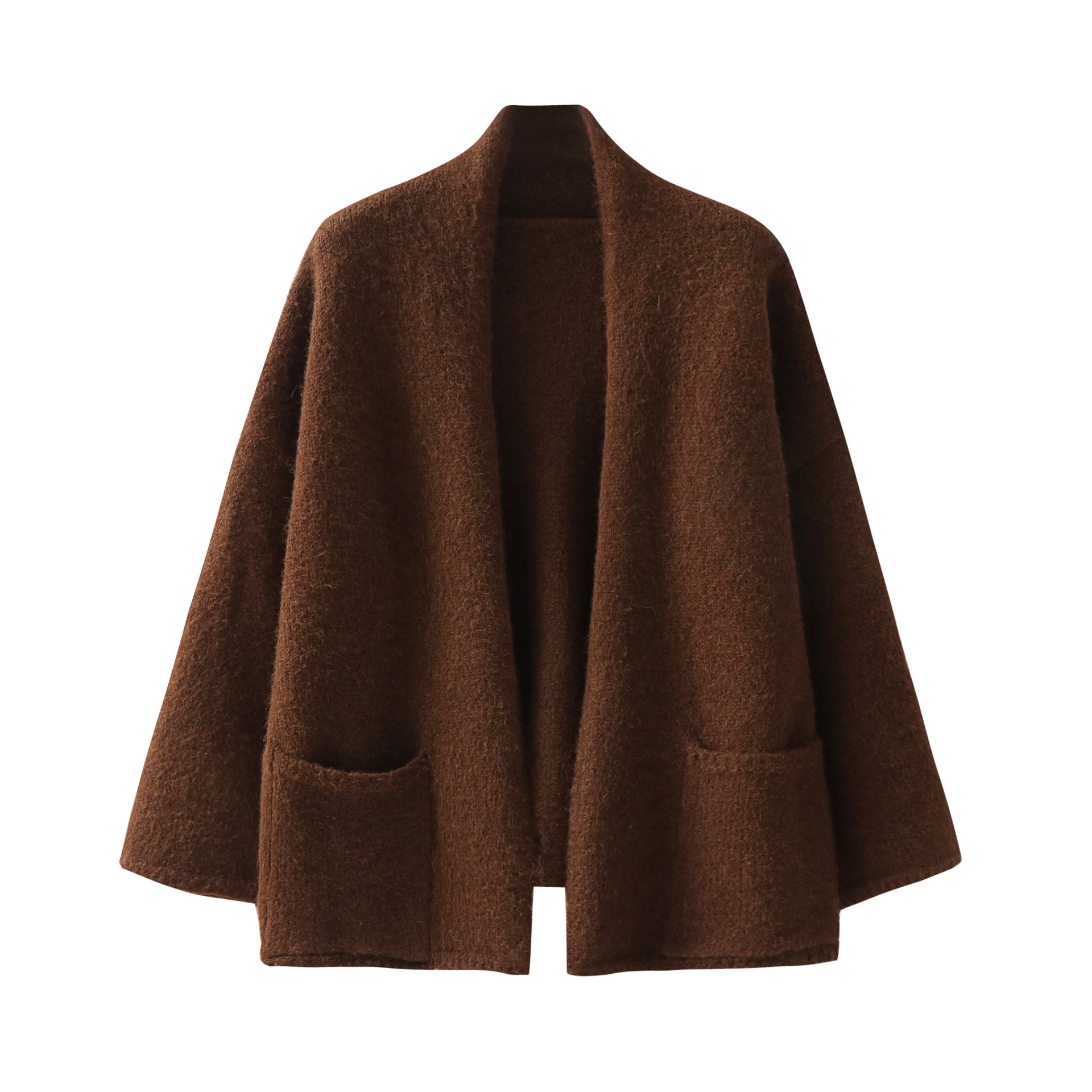 Brown wool cardigan, loose fit, open shawl collar, thick textured knit, two front patch pockets