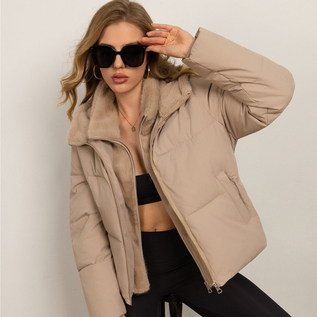 Puffer Jacket for Women — Short Quilted Zip Up with Faux Fur Collar in Warm Nylon