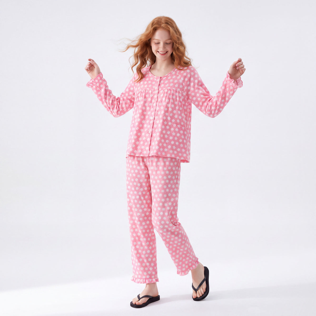 Women’s floral cotton pajama set, rose pink long raglan cardigan and matching pants