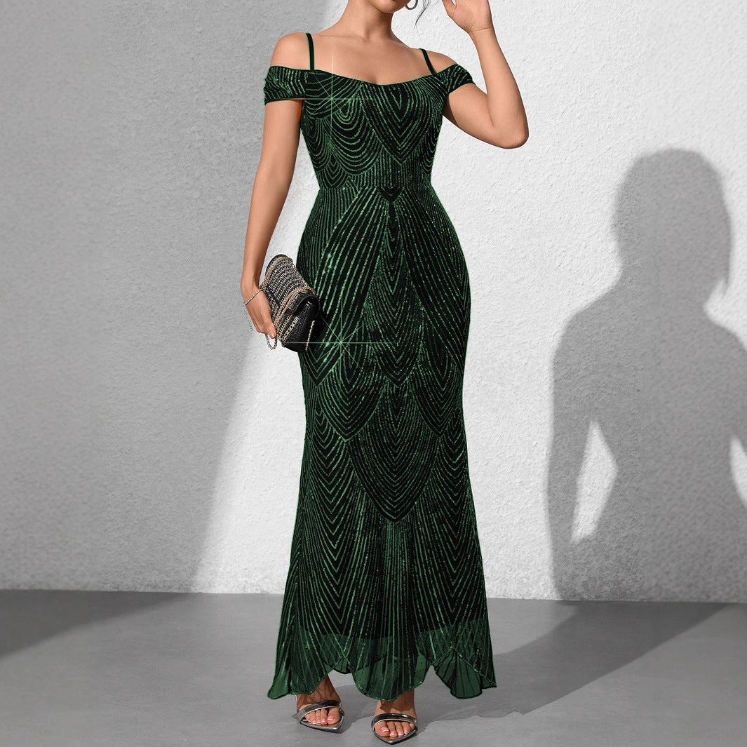 Off-shoulder sequin fishtail dress, dark green, fitted bodice with slim straps, long hem
