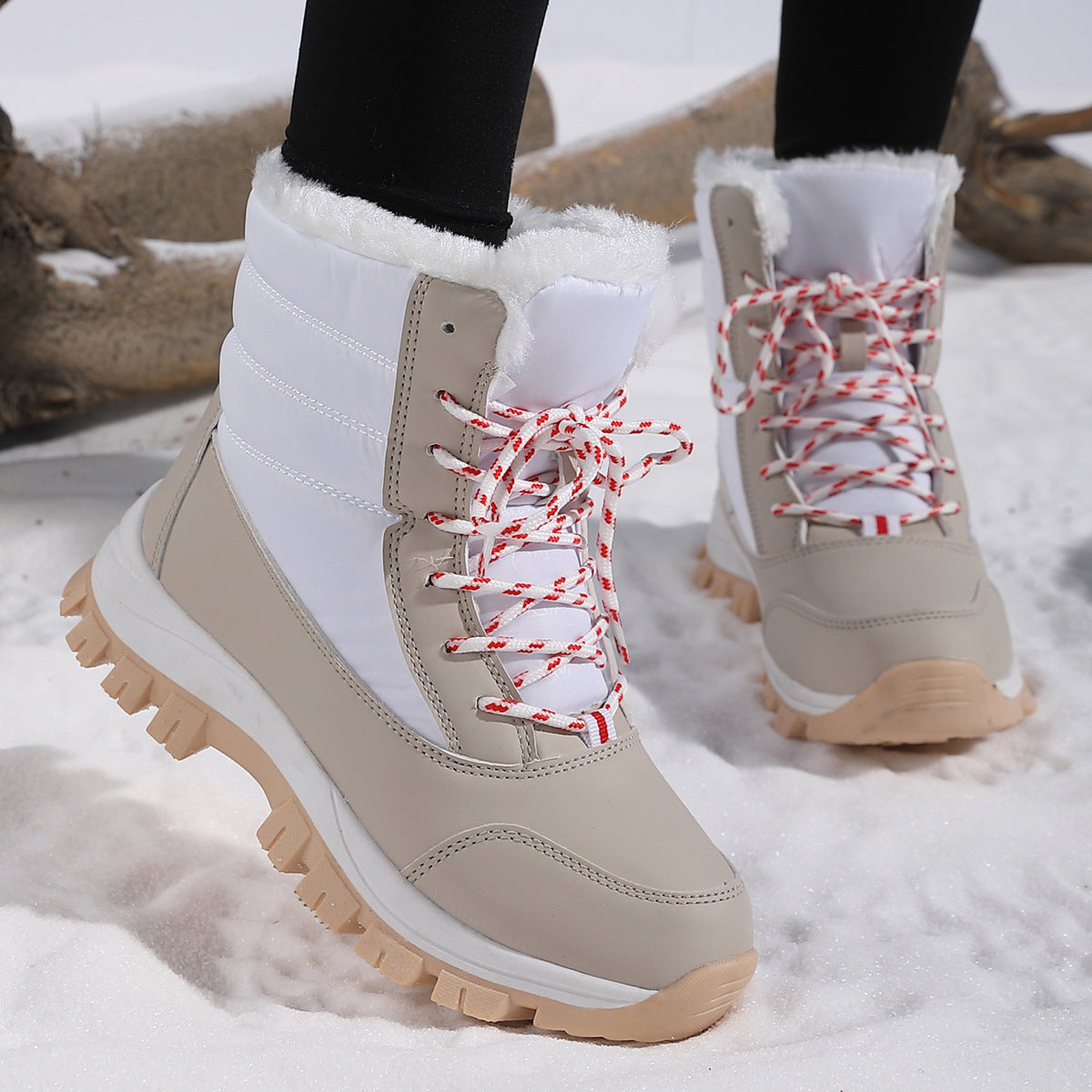 Women’s snow boots, white and beige mid-calf with red lace-up and fur trim