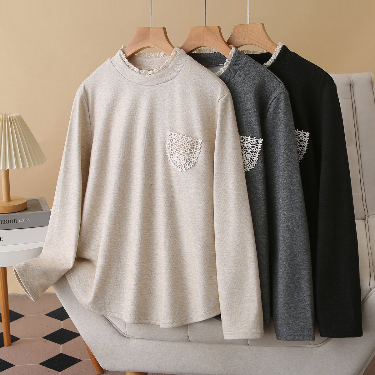 Fleece-lined base shirt, light gray with faux lace collar and chest applique pocket