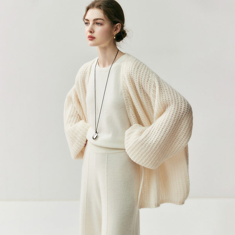 Off-white loose knitted cardigan with textured knit and open front