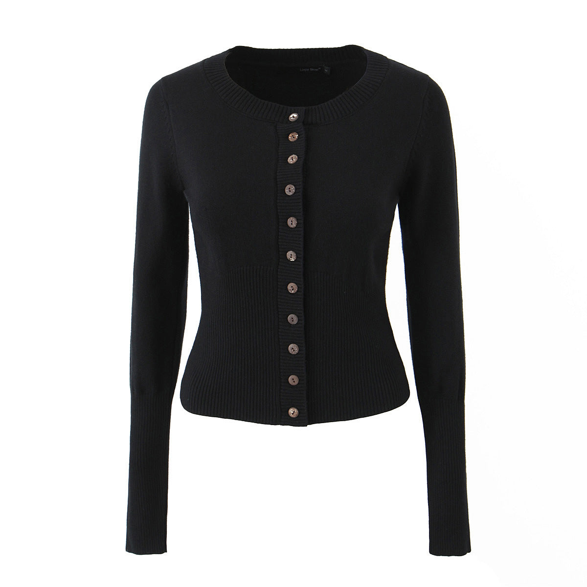 Black fitted knit cardigan with long sleeves and button front