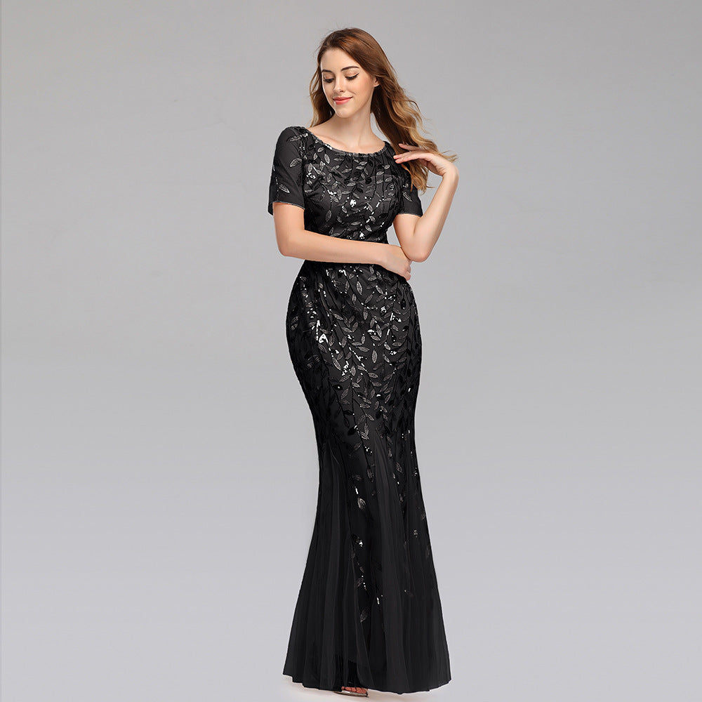 Women's mesh sequin fishtail evening dress, short sleeves, scoop neck, black