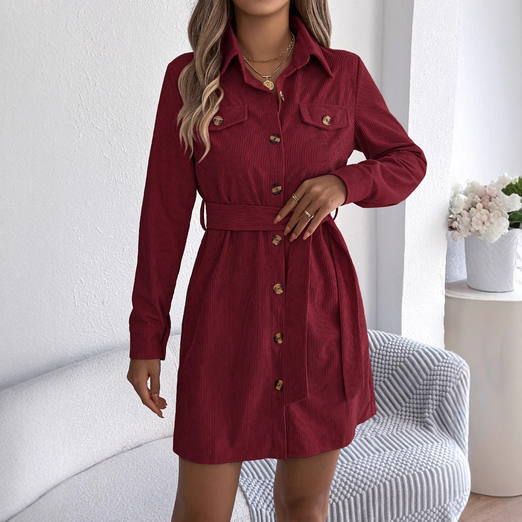 Belted Corduroy Mini Dress with Chest Pockets — Long Sleeve Collared Shirt Style