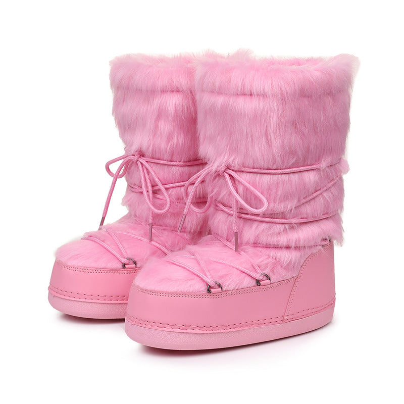 Pink faux-fur lace-up winter boots with padded thick sole