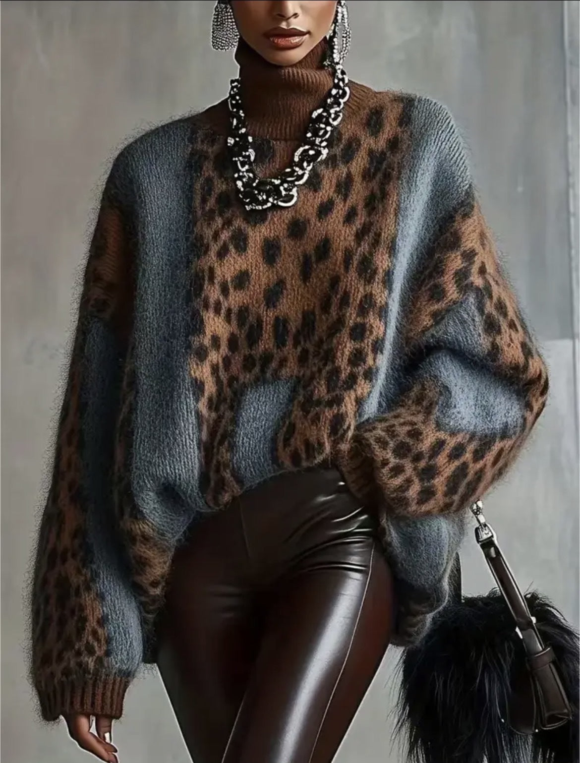 Blue-gray leopard print knit sweater with long sleeves and ribbed cuffs, loose fit