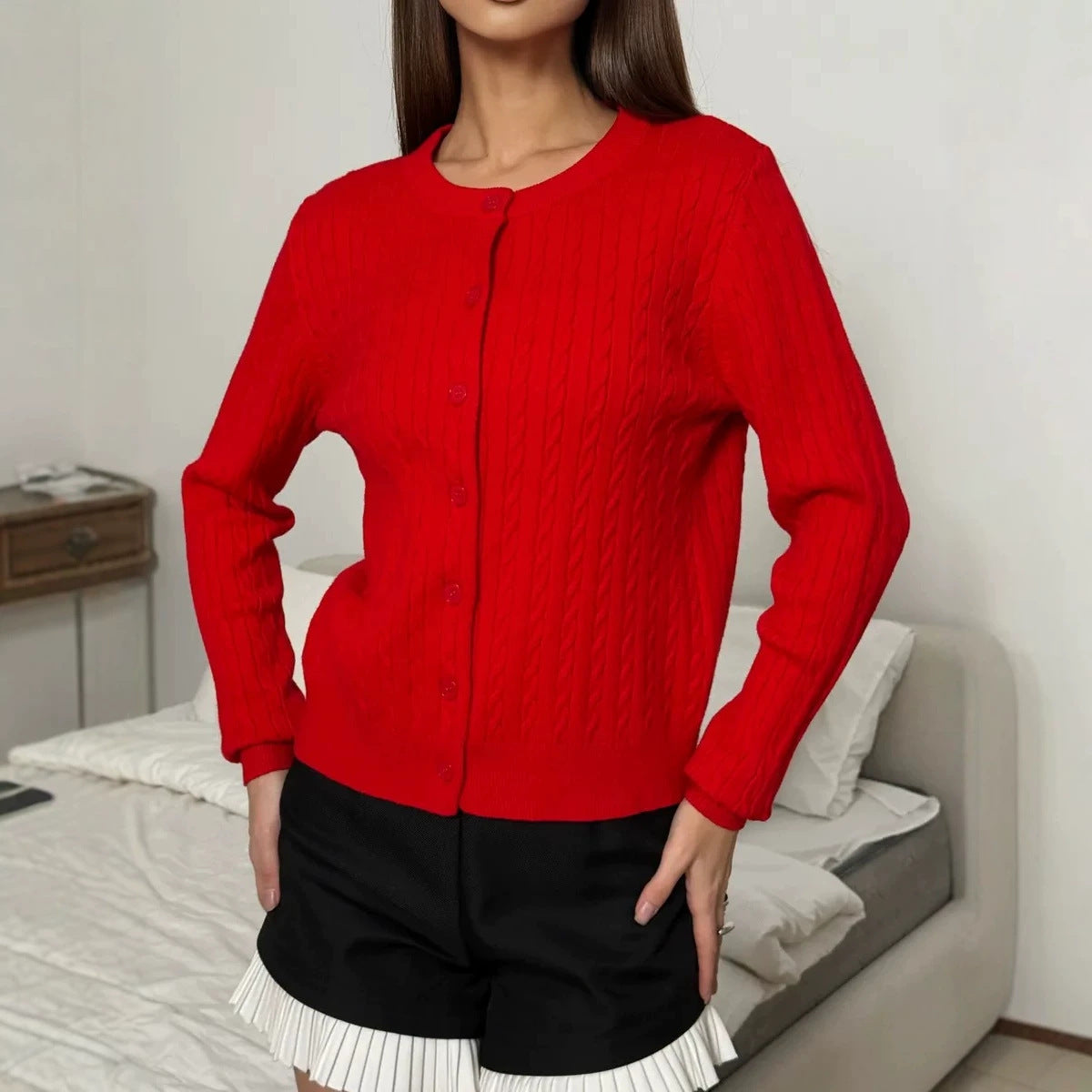 Fitted Cable Knit Cardigan for Women — Slim Round Neck Button Up in Soft Wool Blend