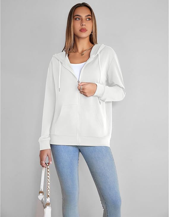 White zip-up hoodie with hood and front kangaroo pocket