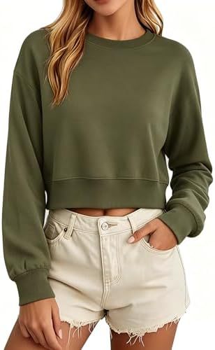 Olive green women's cropped sweatshirt with a round neck, long sleeves, and loose fit