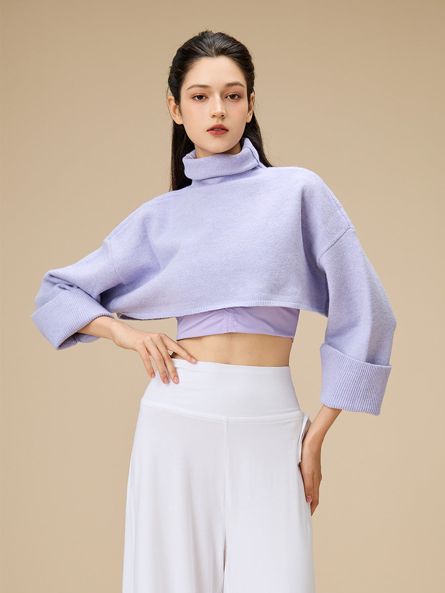 Lavender cropped turtleneck yoga blouse, wide sleeves, relaxed fit