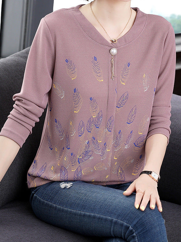 Long Sleeve Top for Women — Loose V Neck Style with Feather Print in Soft Cotton