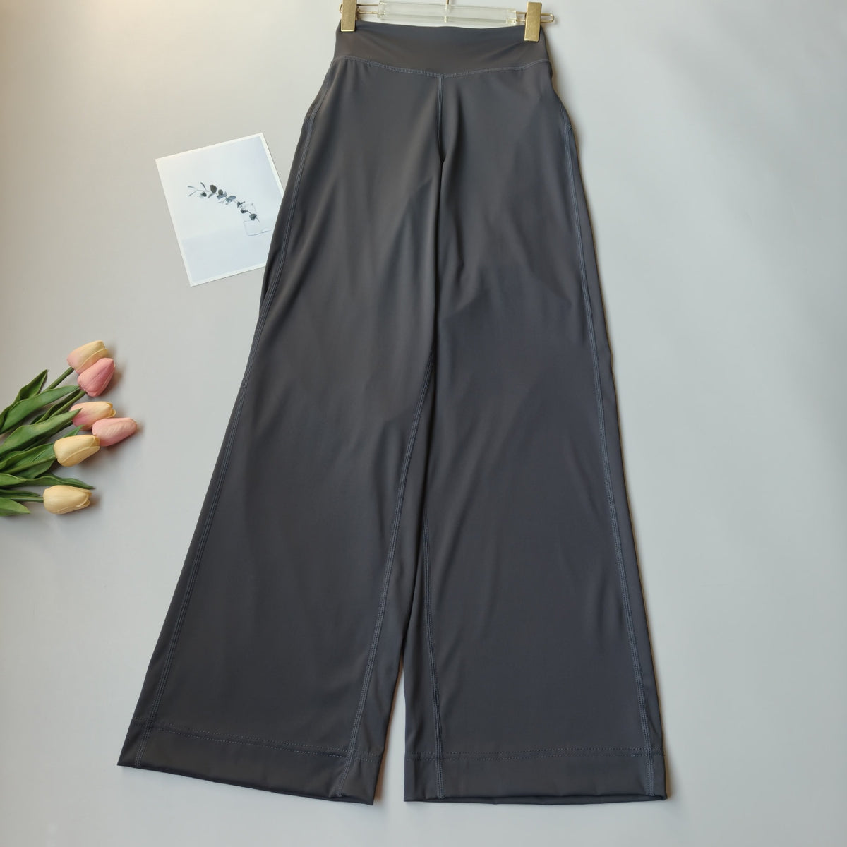 Graphite gray high-waisted wide-leg yoga pants, full-length relaxed drape