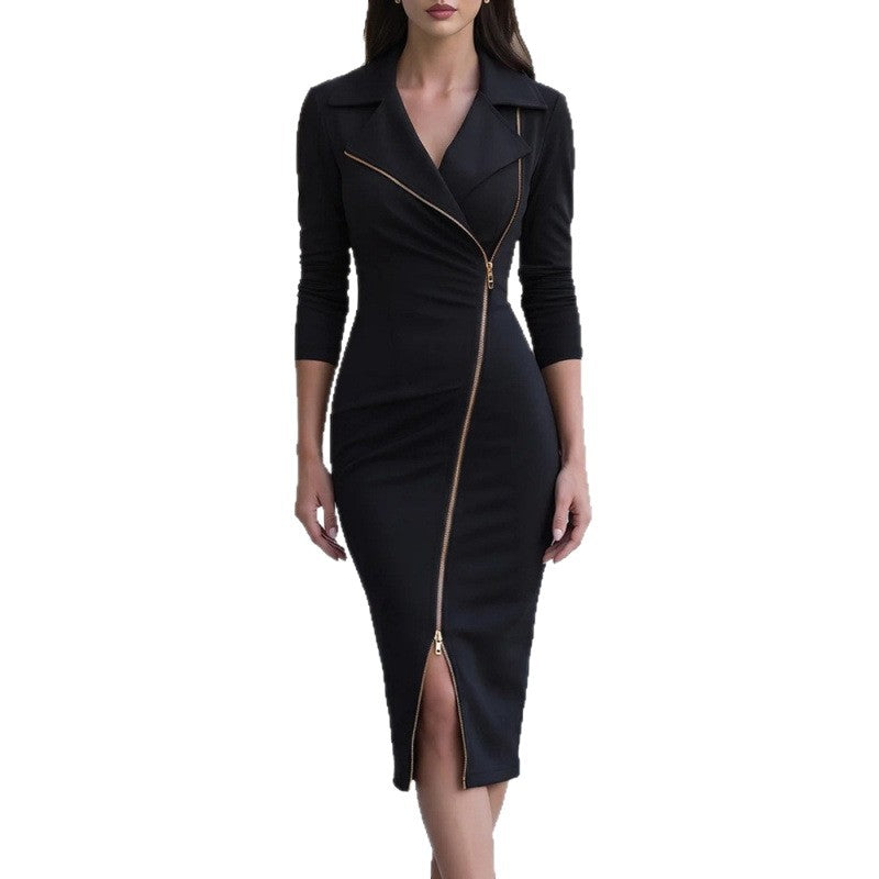 Black lapel-front midi dress with long sleeves, gold zip trim, and center front slit
