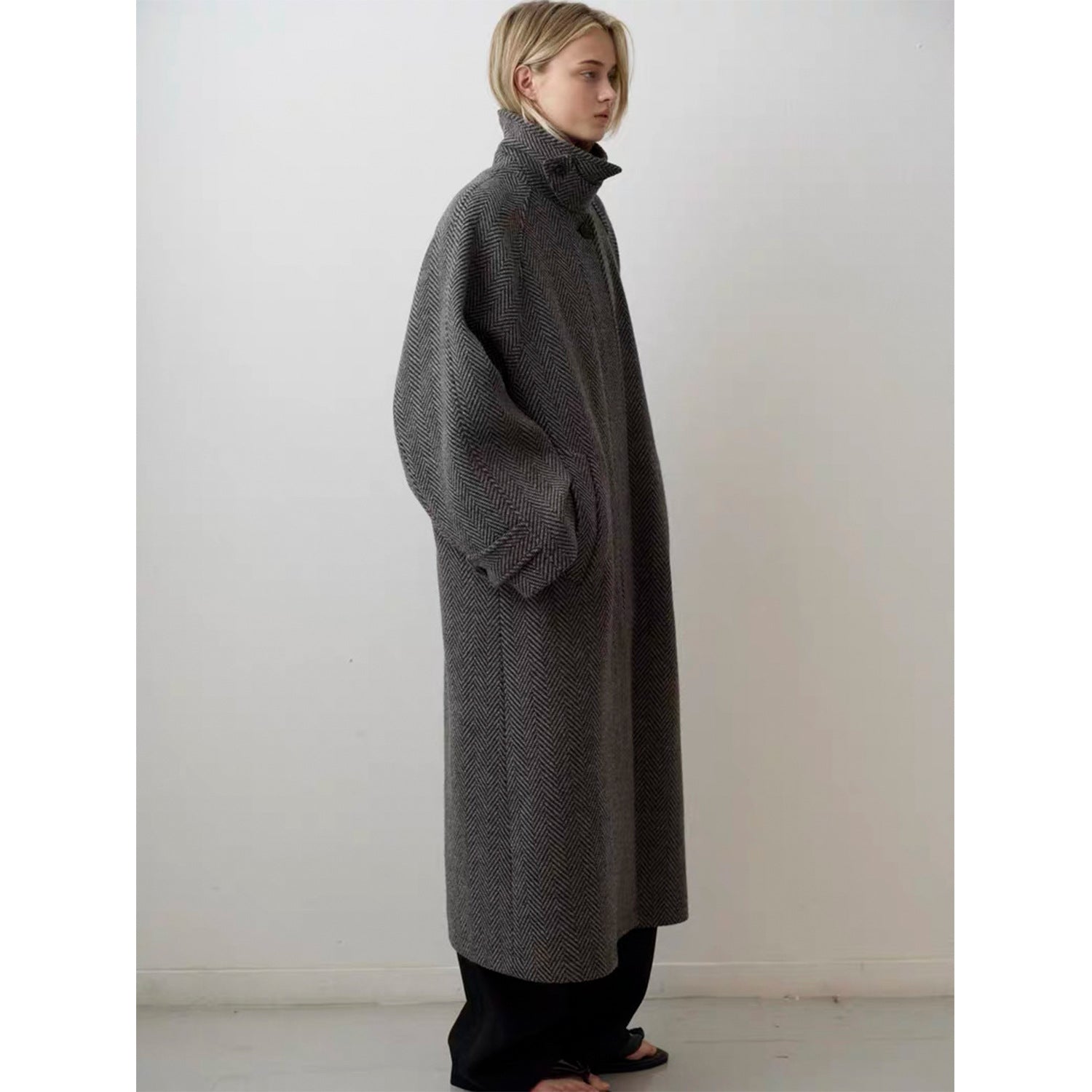 Herringbone Wool Coat for Women — Oversized Long Maxi Overcoat with Dropped Shoulders
