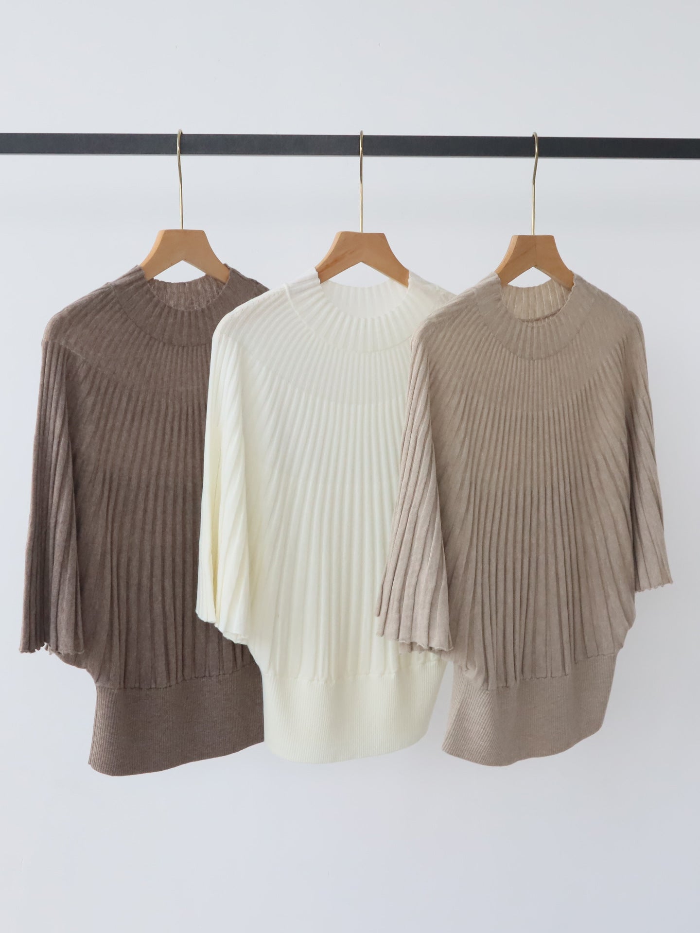 Short Sleeve Sweater for Women — Mock Neck Ribbed Knit with Batwing Sleeves in Soft Wool Blend