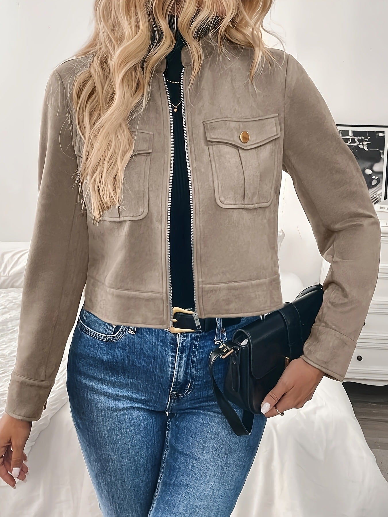 Khaki faux suede utility jacket with front zip, flap pockets, and gold snap buttons