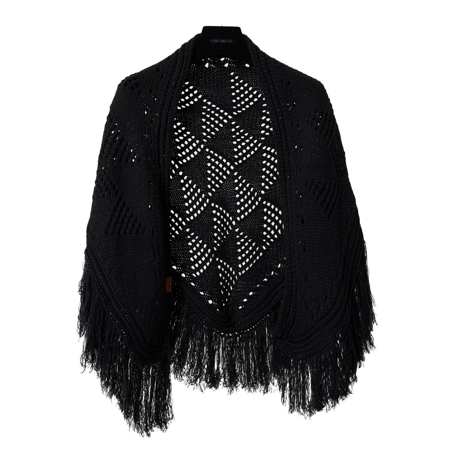 Black crochet triangle shawl with hollow diamond pattern and long fringe tassels.