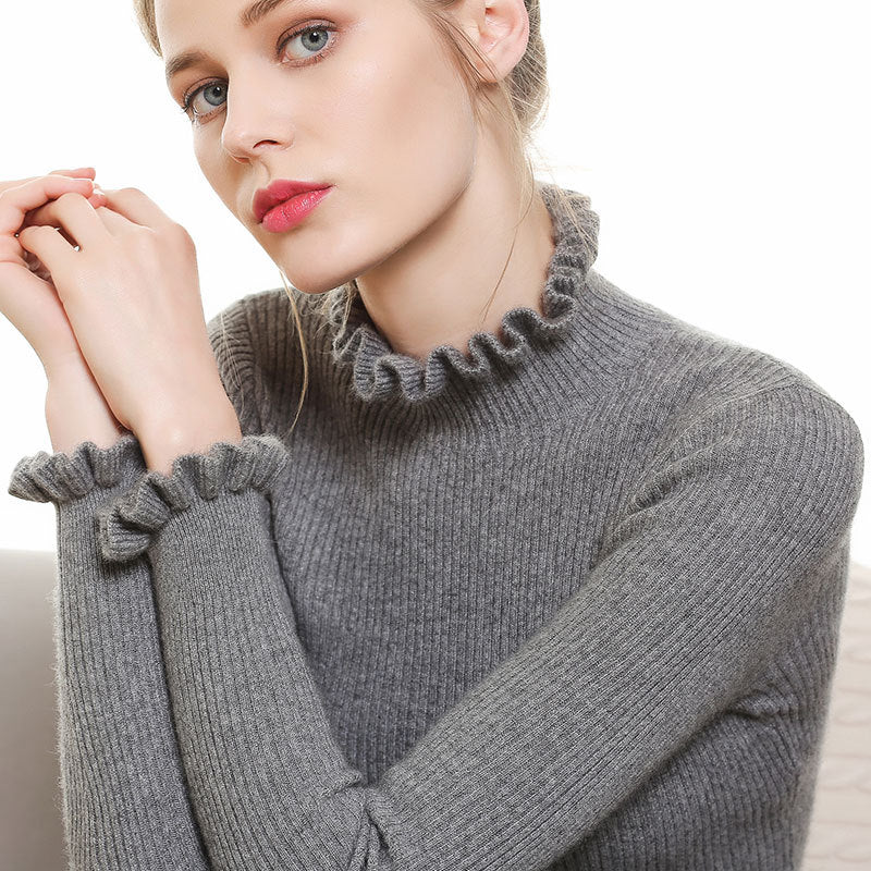 Women's medium gray knit mock turtleneck sweater with ruffled collar, slim fit