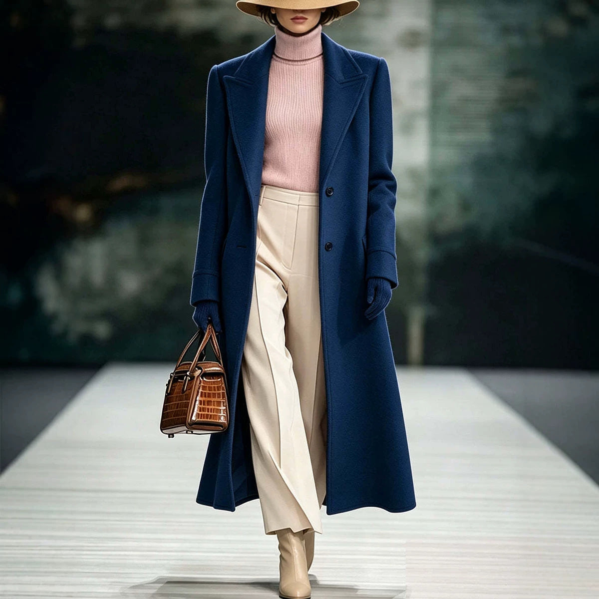 Navy long wool coat with notch lapels, single-breasted buttons, and maxi length