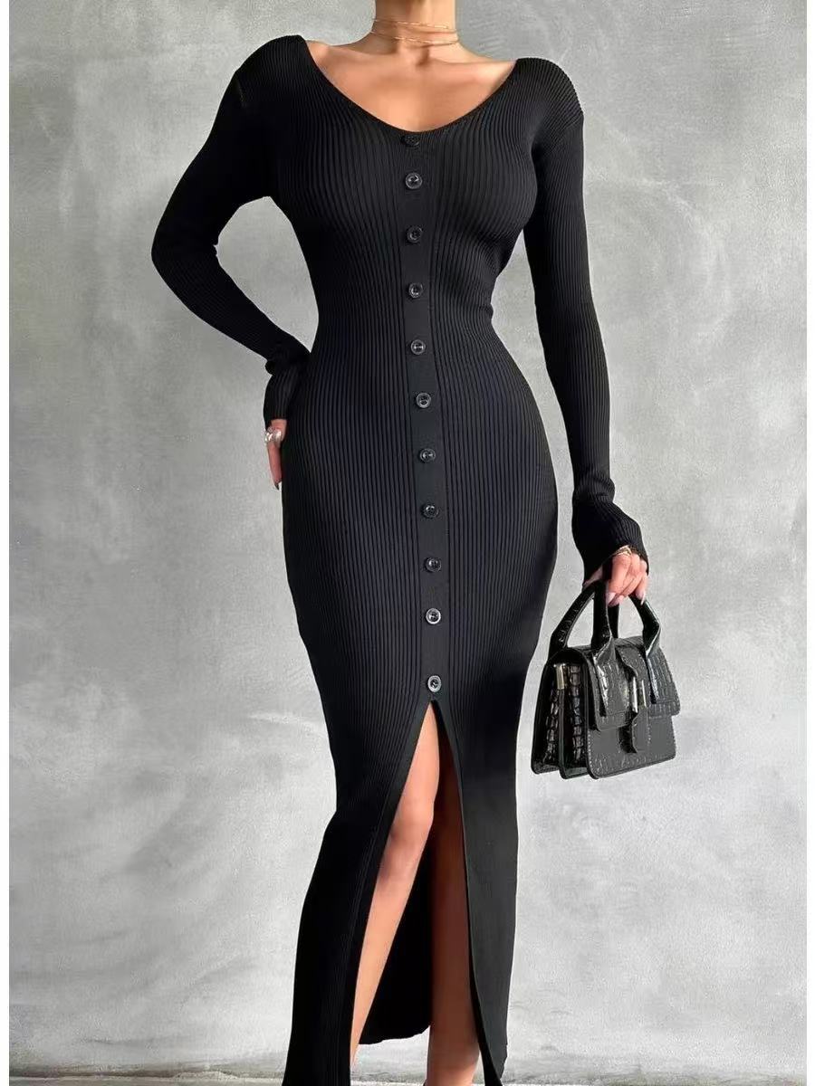 Black ribbed knit V-neck button-front midi dress with side slit and long sleeves.
