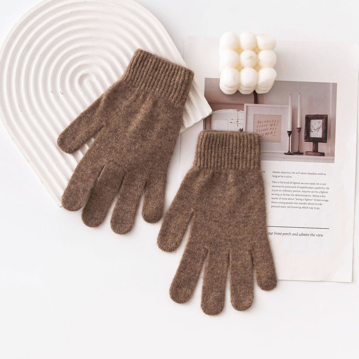 Pair of brown knitted gloves with ribbed cuffs and full-finger coverage.