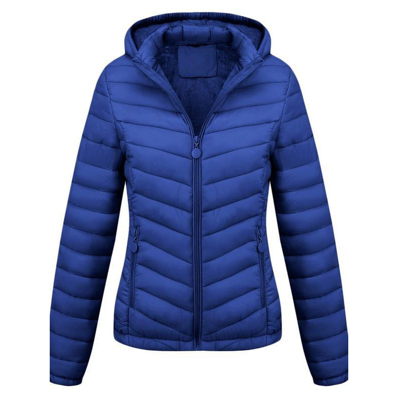 Navy blue hooded quilted puffer jacket with full front zipper