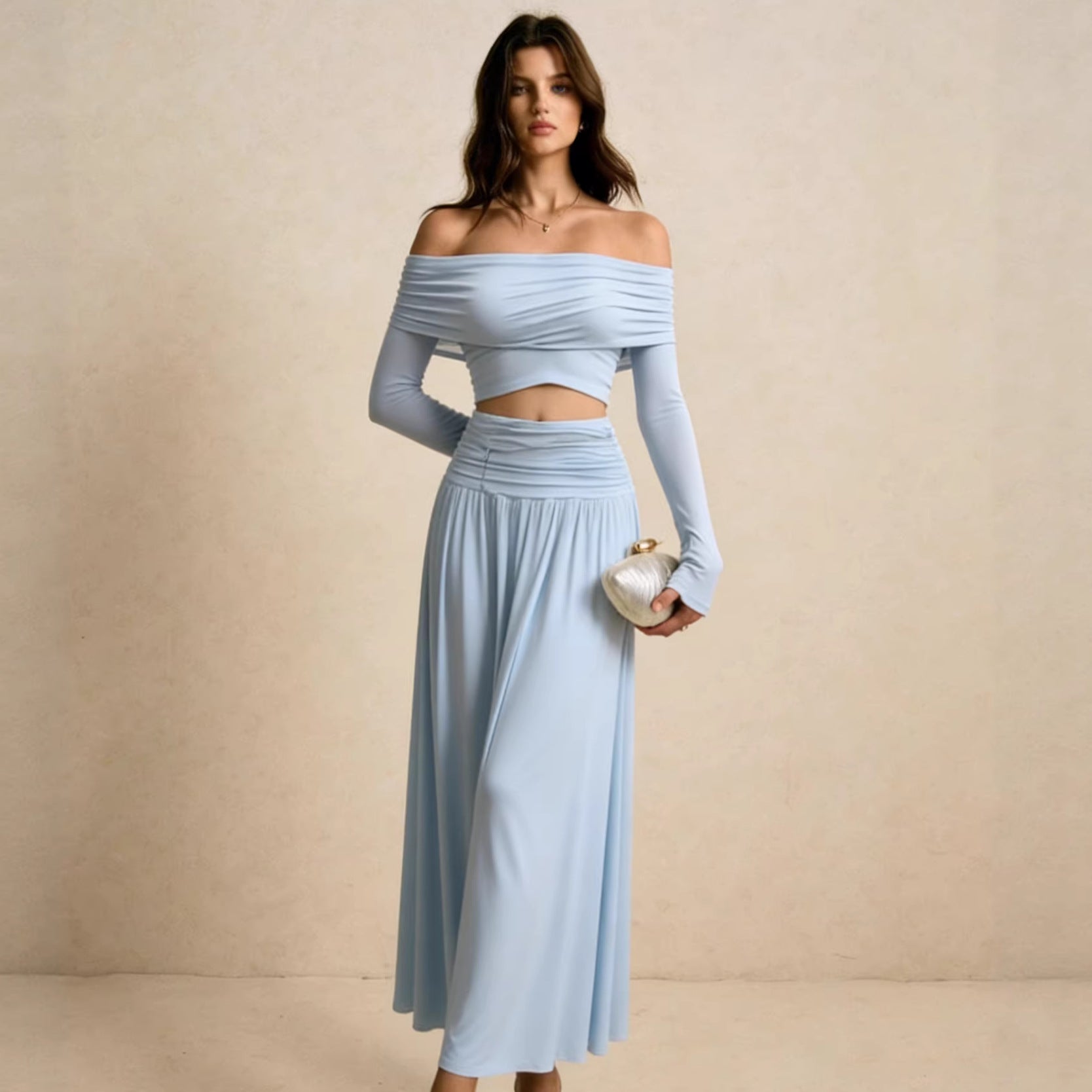 Light blue off-shoulder long-sleeve top with gathered A-line midi skirt