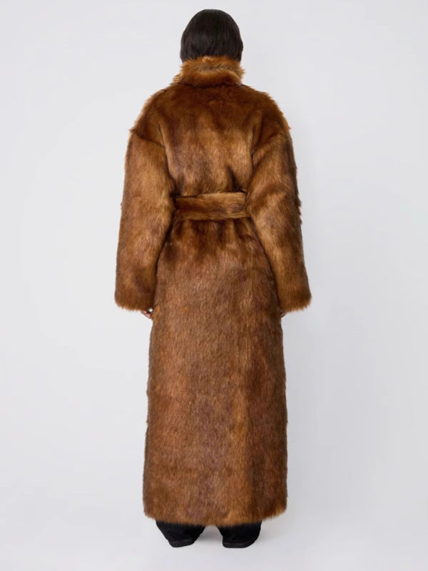Dark brown faux fur long coat with hood and waist belt, back view