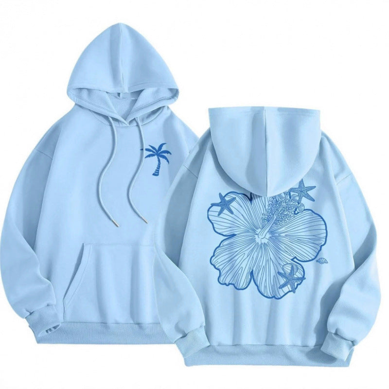 Hibiscus Print Hoodie for Women — Oversized Beach Pullover in Cotton Fleece