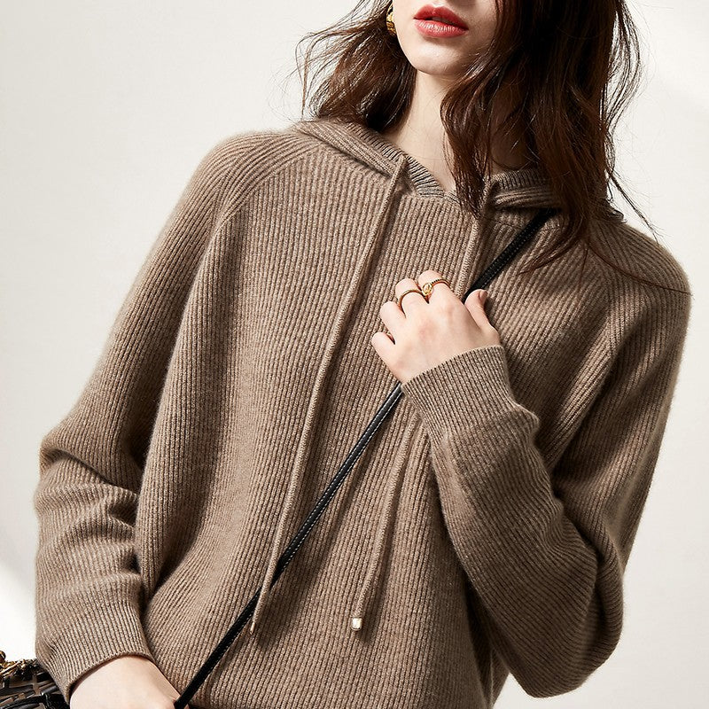 Women’s hooded knit sweater in khaki, pullover with drawstring and front pocket