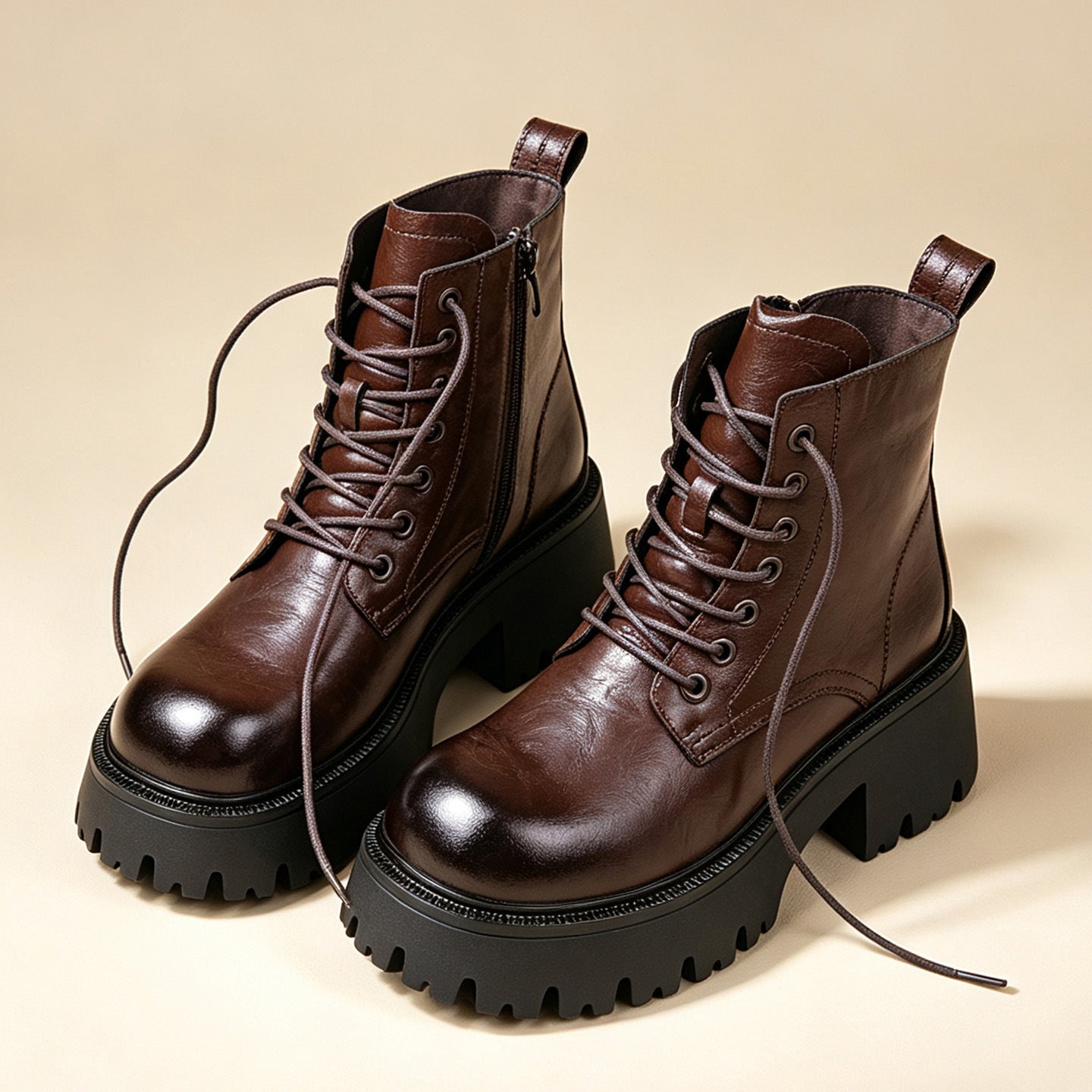 Brown lace-up combat ankle boots with padded collar and chunky platform