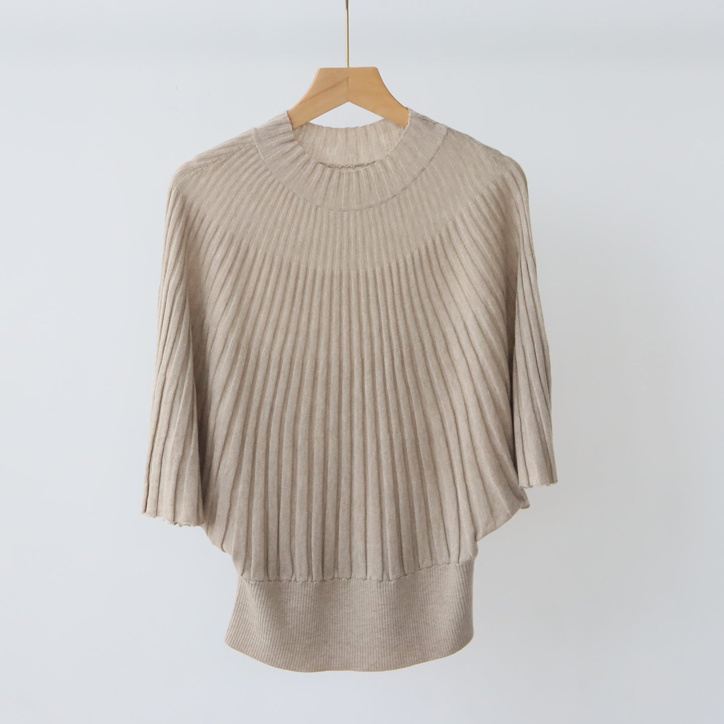 Short Sleeve Sweater for Women — Mock Neck Ribbed Knit with Batwing Sleeves in Soft Wool Blend